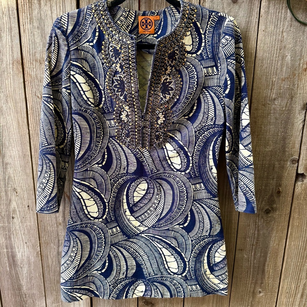 Tory Burch Blue and Cream Patterned Tunic
